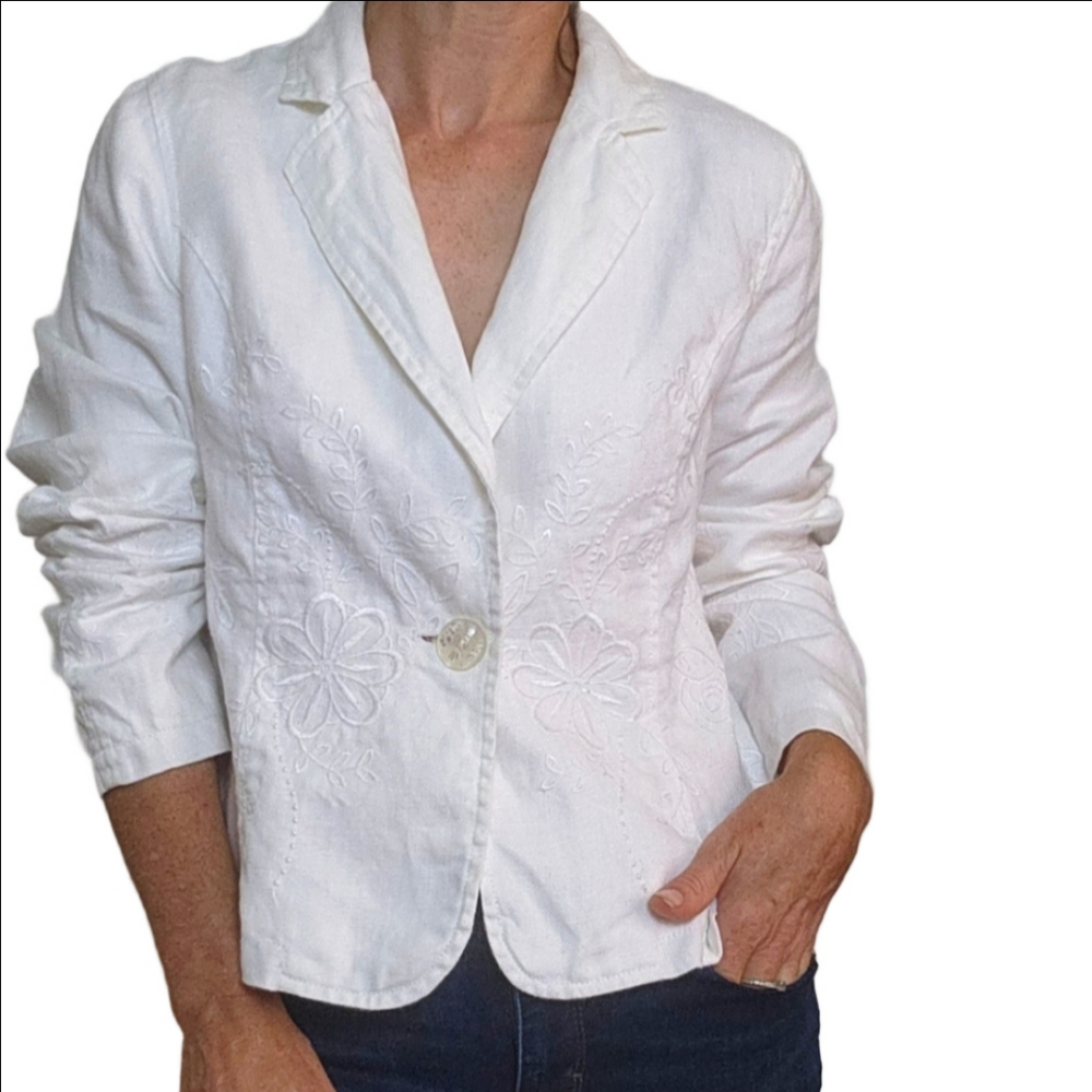 Vintage Women's Blazer White Embroidered Collared 100% Linen BOHO Western Floral